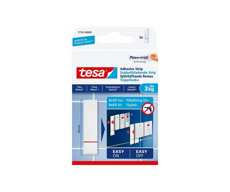 Tesa - Dobbeltklæbende Powerstrips til fliser og metal - 3 kg, 6 stk