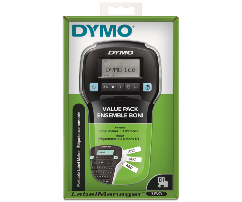 DYMO - Labelmanager 160 inkl. 3xD1 tape 12 mm sort på hvid