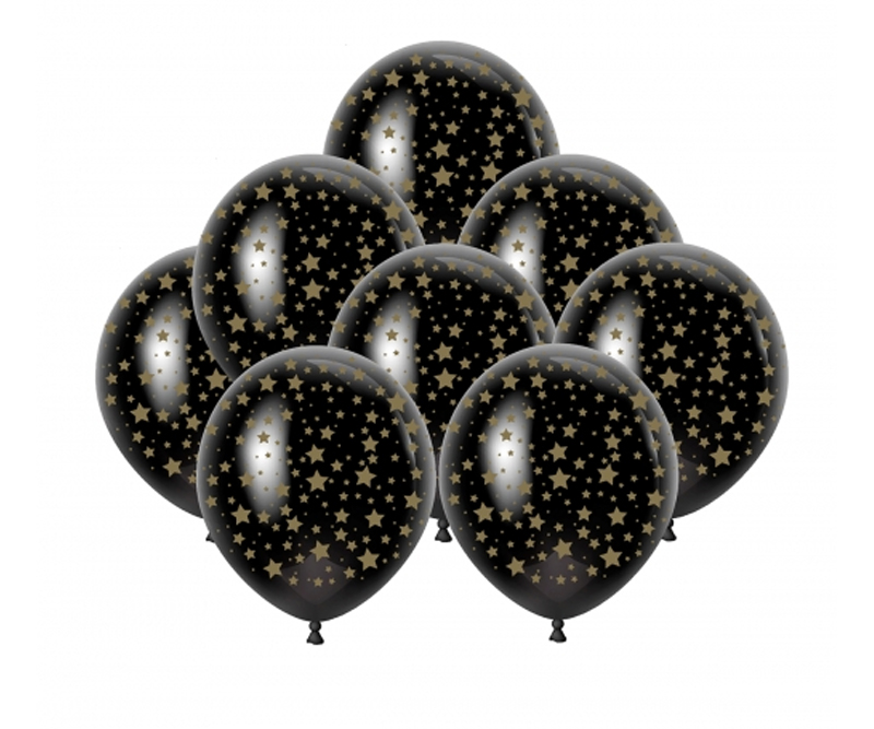Sort med guld stjerner latex balloner - 23 cm