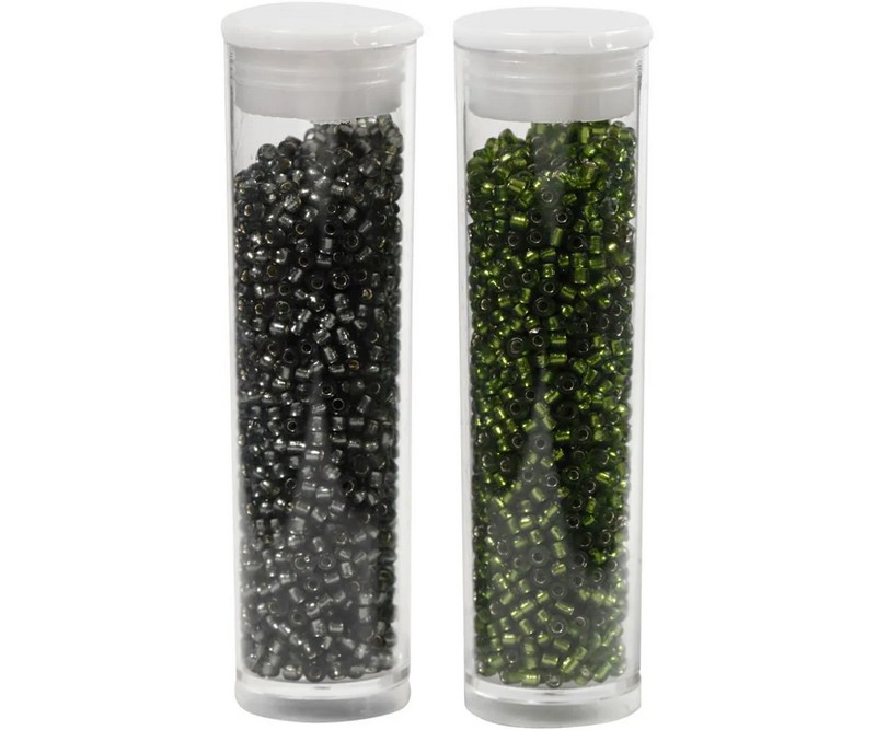 Rocaiperler, diam. 1,7 mm, str. 15/0 , hulstr. 0,5-0,8 mm, græsgrøn, grågrøn, 2x7 g/ 1 pk.