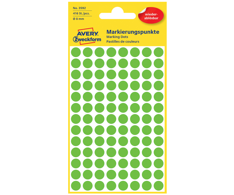Avery 3592 - Manuel etiketter aftagelig Ø8mm grøn - 416 stk