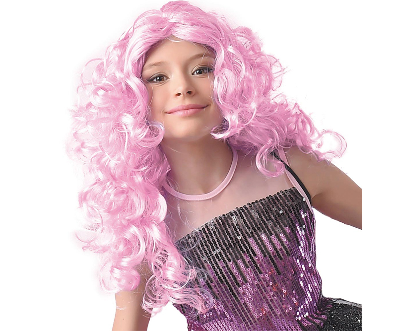 4-GIRLZ Pink paryk med krøllet hår