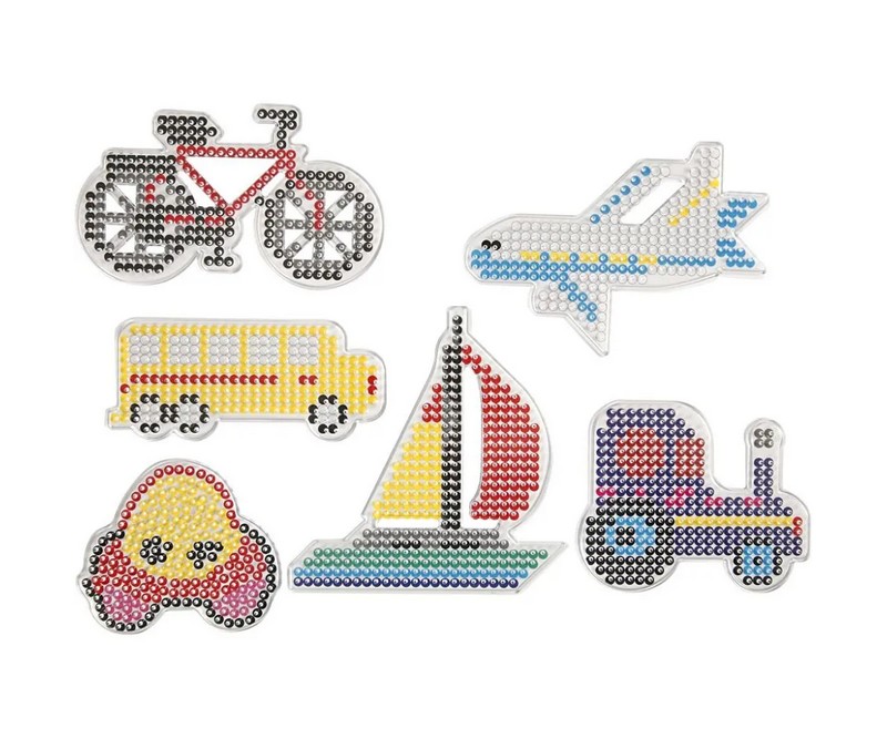 Perleplade, bil, fly, båd, traktor, bus og cykel, str. 9x9,5+11x16 cm, 6 stk./ 1 pk