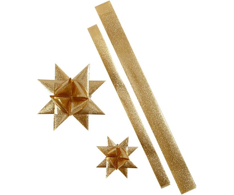 Stjernestrimler, L: 86+100 cm, diam. 11,5+18,5 cm, B: 25+40 mm, guld glitter, 16 strimler/ 1 pk.