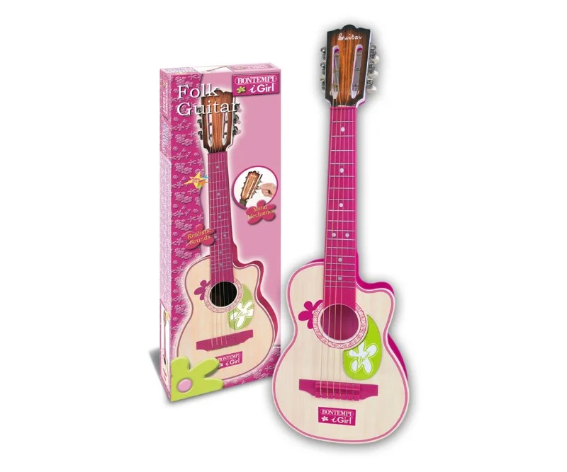 Bontempi Træstruktur guitar med 6 strenge i Pink - 70 cm