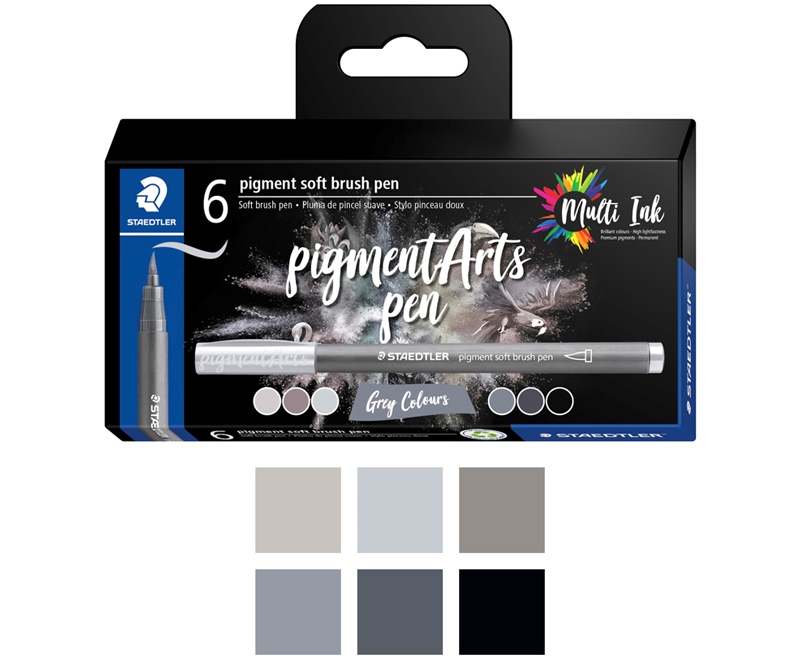 Brush pen Pigment Arts soft grå/sort - 6 stk