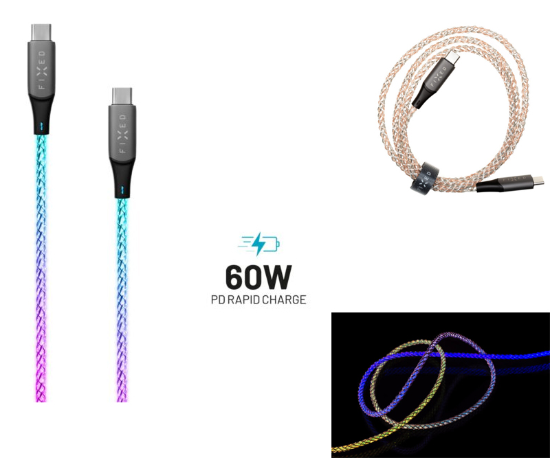 FIXED glowing LED-kabel 60W USB-C/USB-C 1,2 m - flerfarvet
