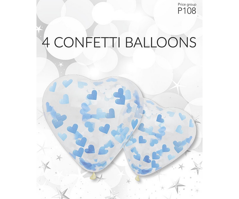 Ballon hjerte m/konfetti, blå - 4 stk