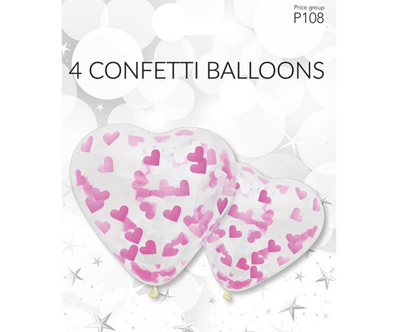 Ballon hjerte m/konfetti, rosa - 4 stk