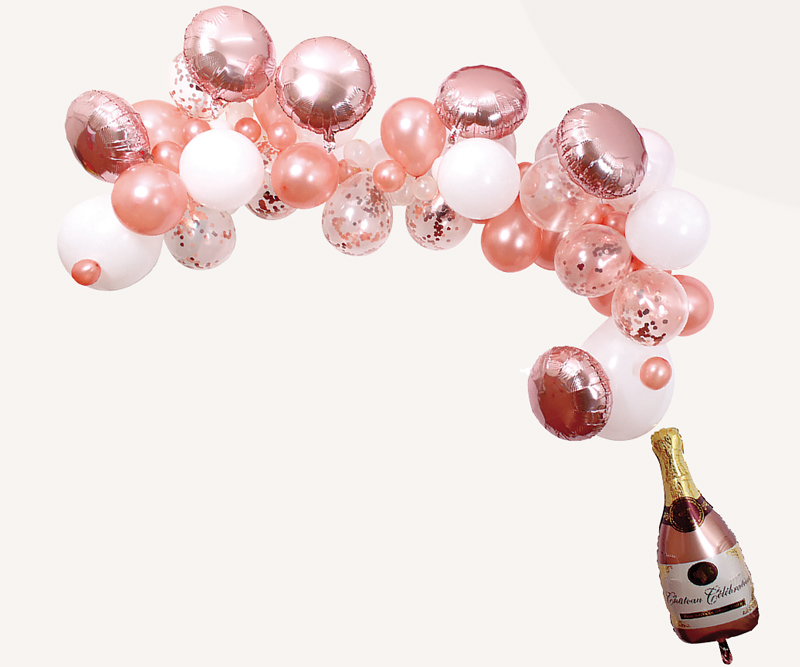 Ballonbue - Rosa champagneflaske og 66 stk balloner