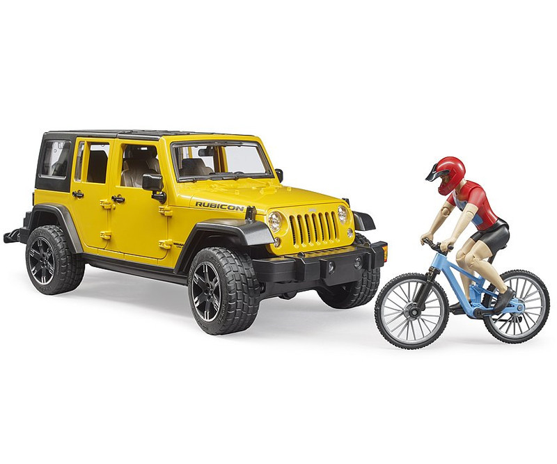 Bruder Jeep Wrangler Rubicon med mountainbike og cyklist