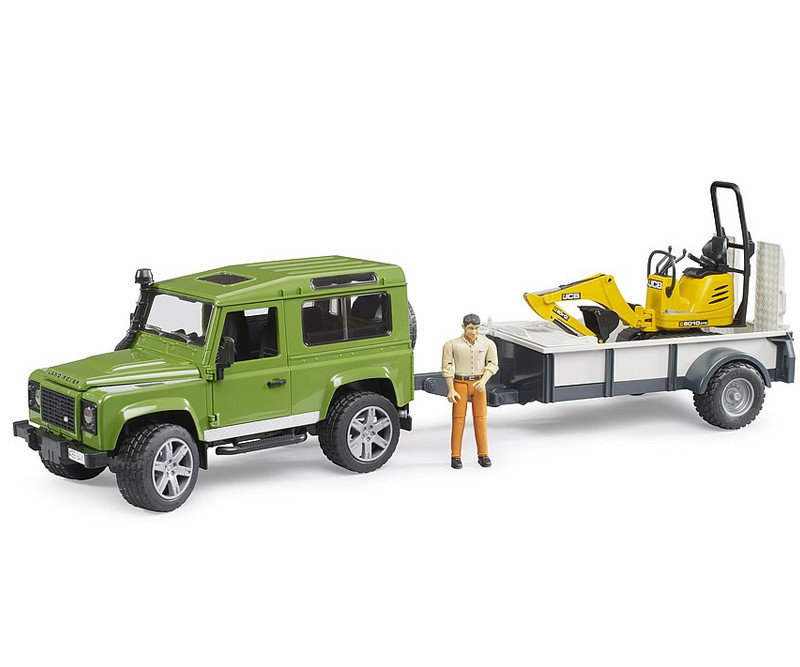 Bruder Land Rover Defender med trailer, JCB gravemaskine og mand