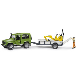 Bruder Land Rover Defender med trailer, JCB gravemaskine og mand