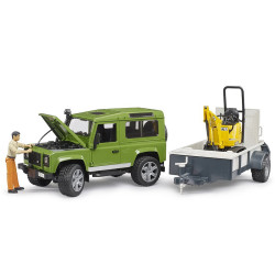 Bruder Land Rover Defender med trailer, JCB gravemaskine og mand