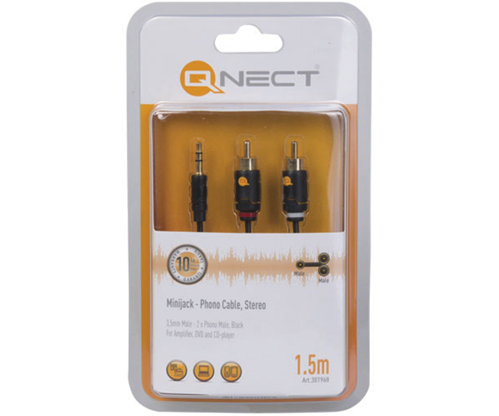 Qnect Minijack 3,5mm han - 2xRCA han Stereo, 1.5m, sort