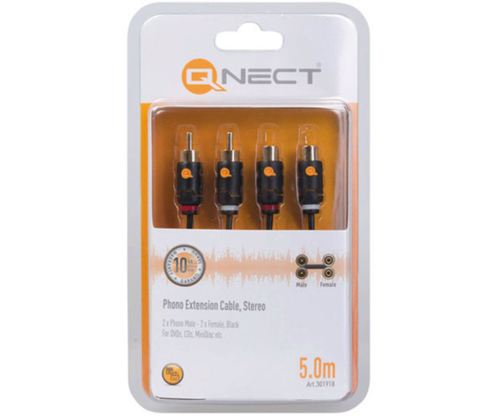 Qnect RCA Forlængerkabel 2xhan - 2xhun Stereo, 5m