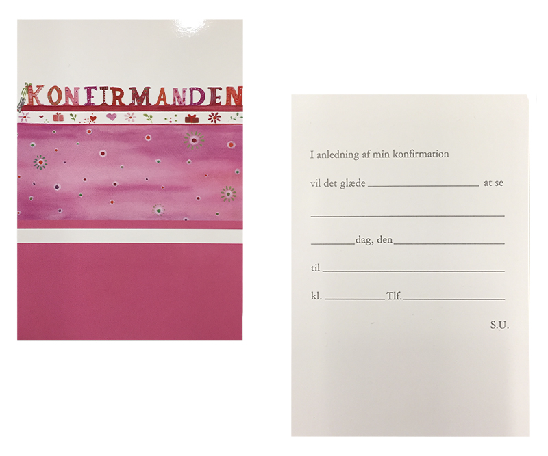 Indbydelseskort til konfirmation - Pink med blomser 5 stk/pk.