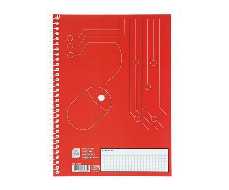 Kollegieblok med spiral ryg - A5, 50 sider - Kvadreret papir - Rød