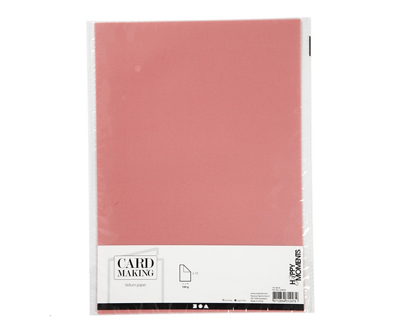Pergamentpapir, lyserød, A4 210x297 mm, 100 g, 10ark