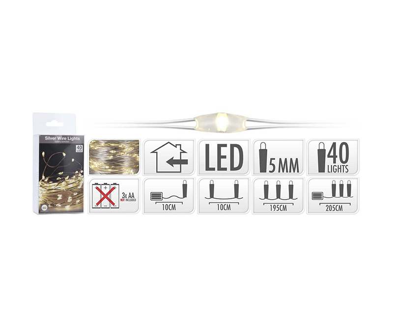 Batteri Lyskæde LED lys 40 varmhvide lys, 2,05 meter