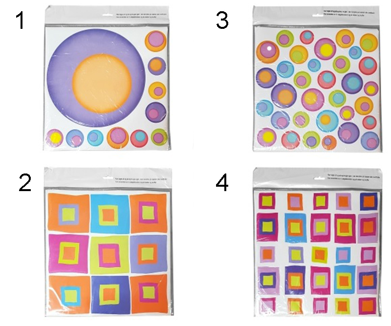 Stickers aftagelige. 30 x 30cm - 4 ass. designs med cirkler og firkanter