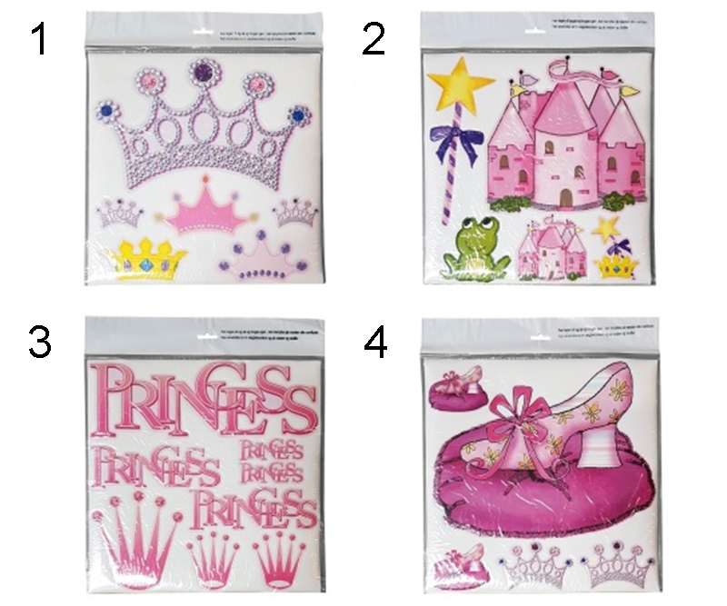 Stickers aftagelige. 30 x 30cm - 4 ass. designs med princesser
