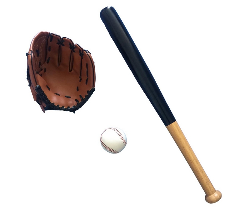 Baseball sæt i træ med bold og handske