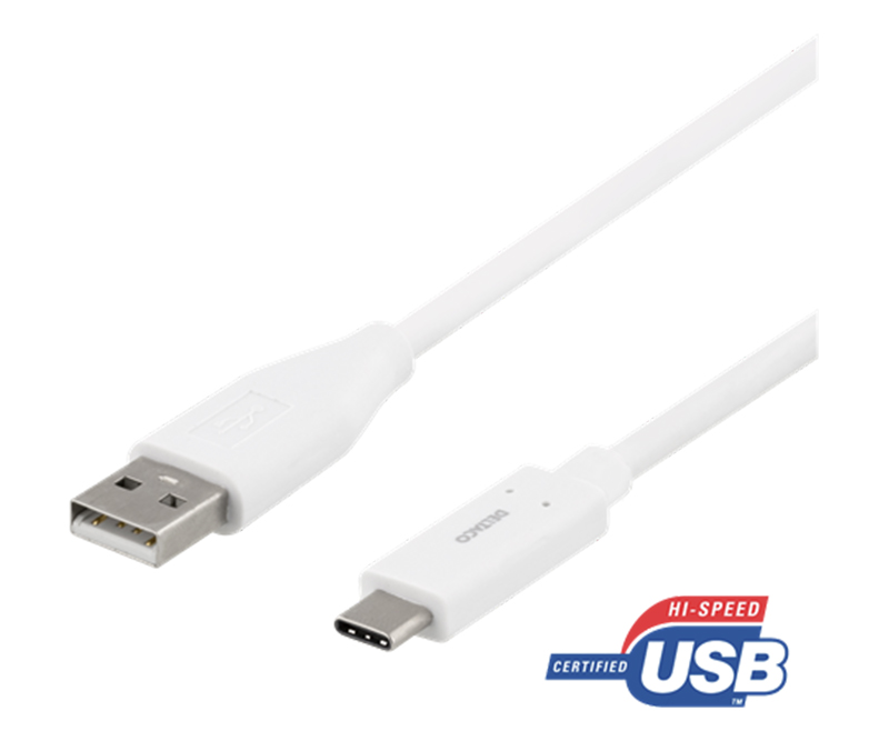 Deltaco USB-C til USB-A 2.0 han - 0.25m kabel - Hvid