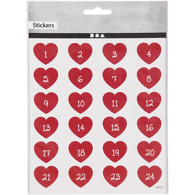 Stickers, Kalendertal, røde hjerter, 15x16,5 cm, 1 Ark