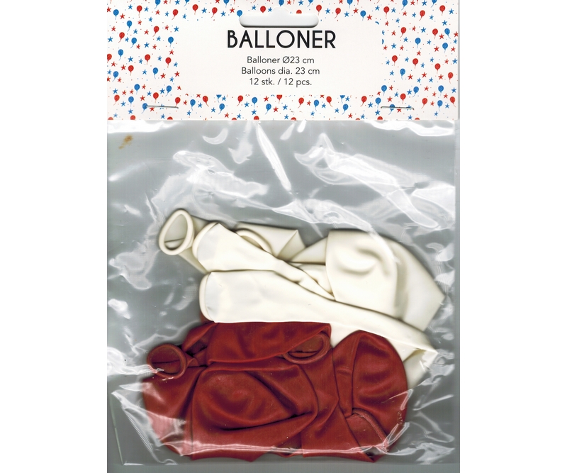 Balloner, Ensfarvede Hvide/Røde, 23 cm., runde, 12 stk.