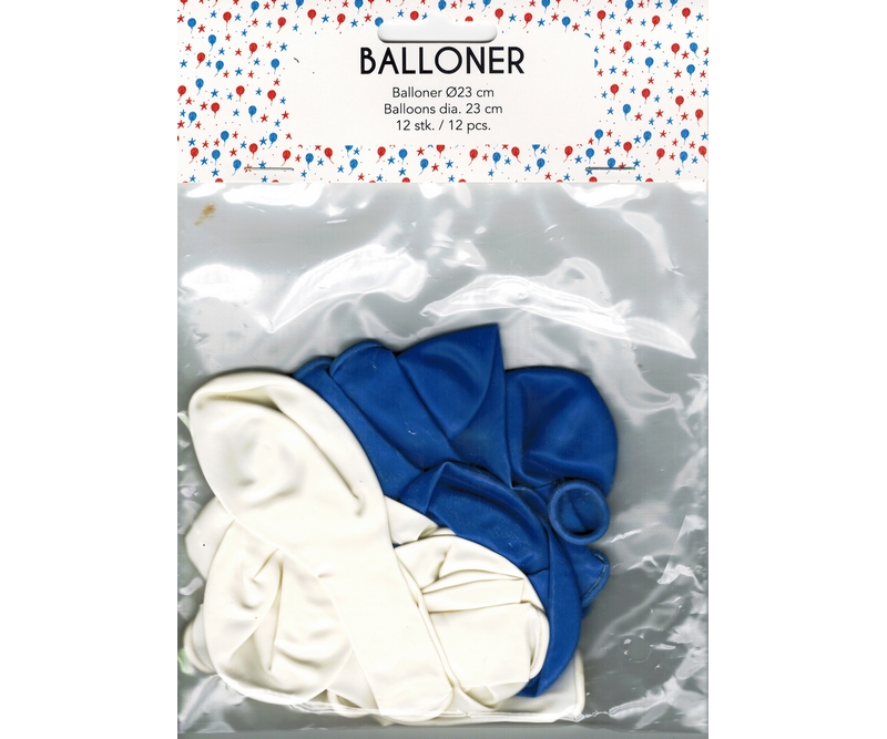Balloner, Ensfarvede Hvide/Blå, 23 cm., runde, 12 stk.