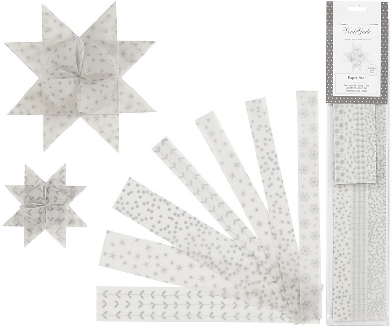 Stjernestrimler, Vivi Gade Paper Star - B15 & 25mm - Hvid/Sølv - 48 strimler pr. pk.