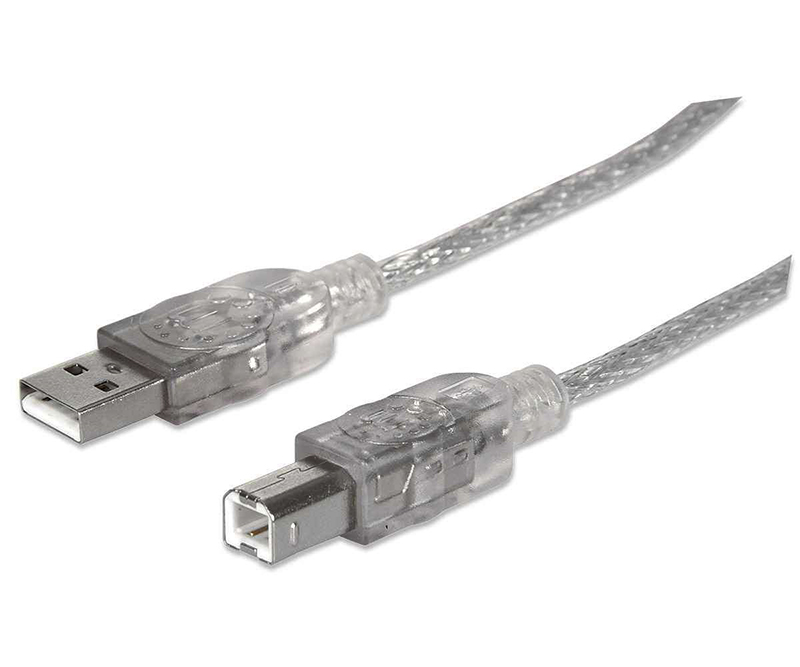 USB 2.0, Type-A male til Type-B male, 5 m, gennemsigtigt sølv