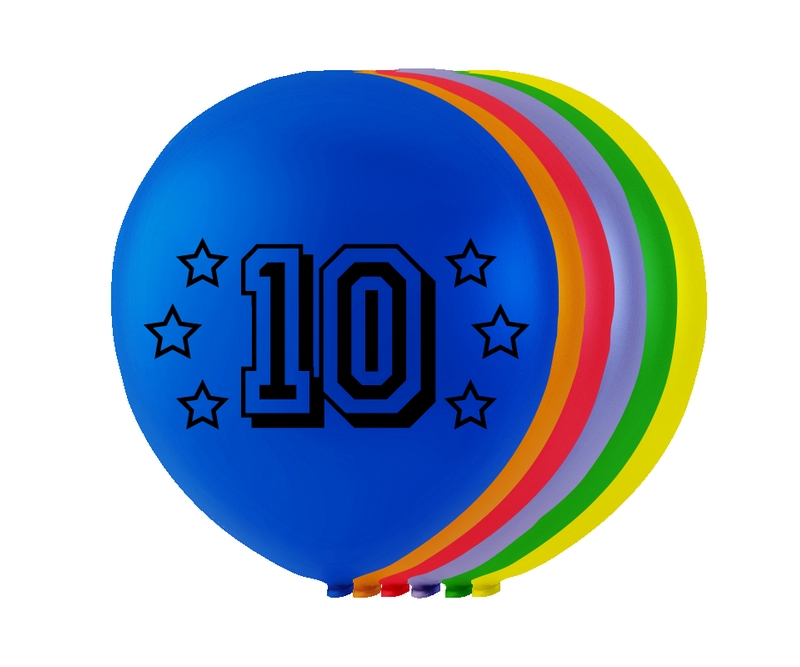 10 Års Balloner, ass. farver, diam. ca. 26 cm., runde, 8 stk.