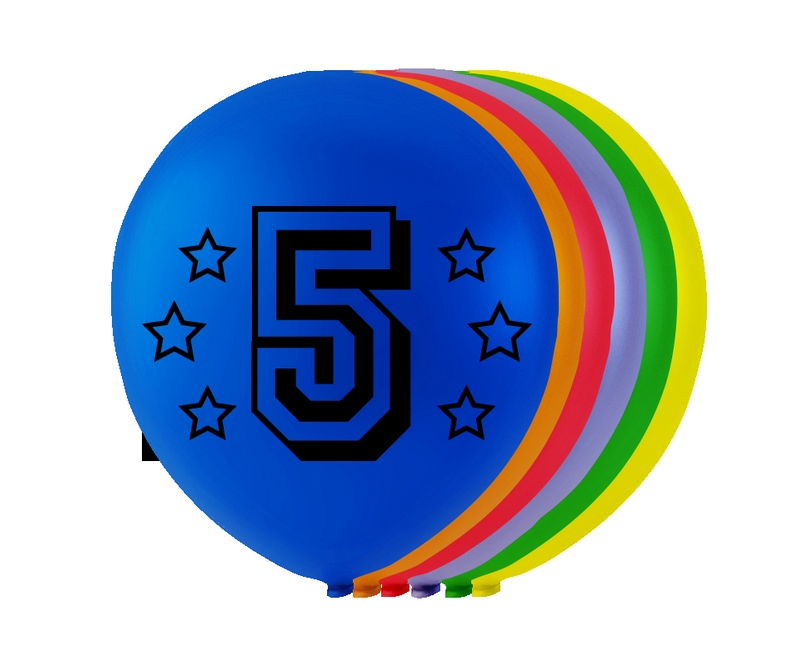 5 Års Balloner, ass. farver, diam. ca. 26 cm., runde, 8 stk.