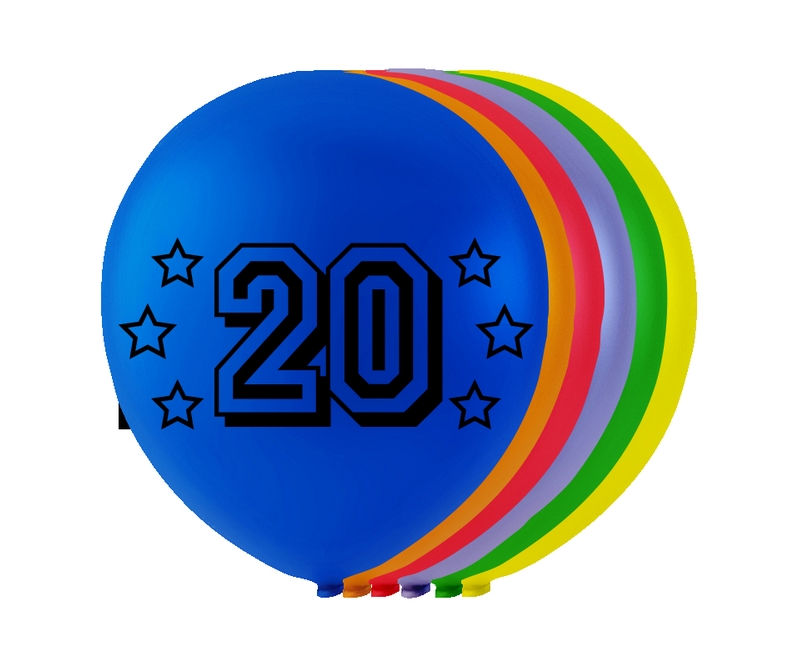 20 Års Balloner, ass. farver, diam. ca. 26 cm., runde, 8 stk.