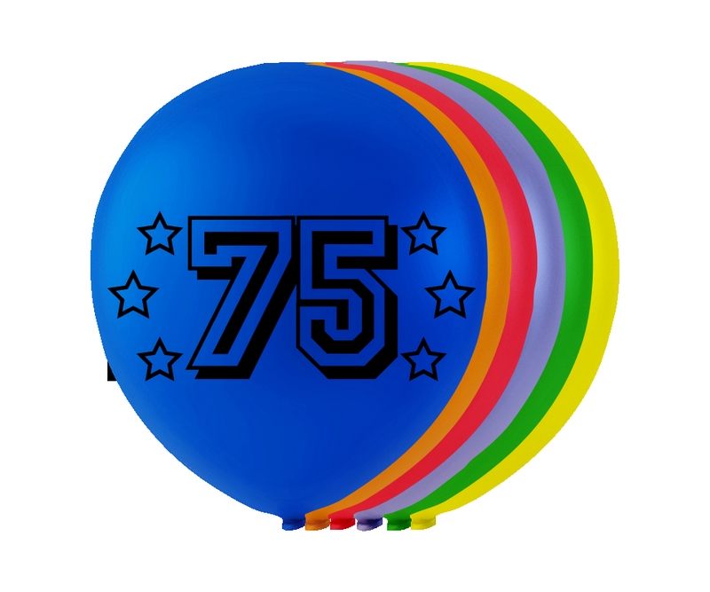 75 Års Balloner, ass. farver, diam. ca. 26 cm., runde, 8 stk.