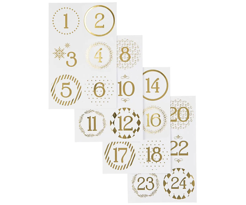 Stickers - Kalendertal - 1-24 Guld og hvid (28457)