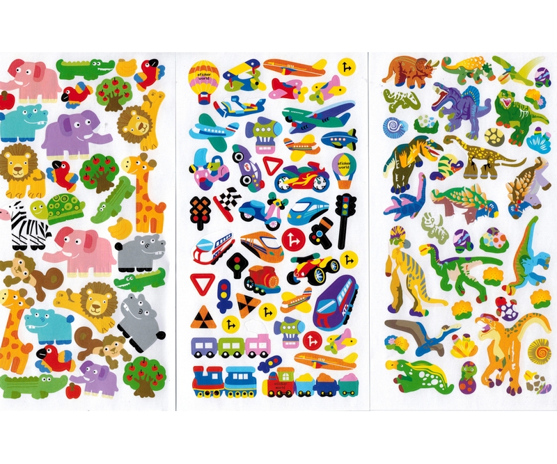 stickers - Dino, fartøjer & vilde dyr  - 3 ark (80495)