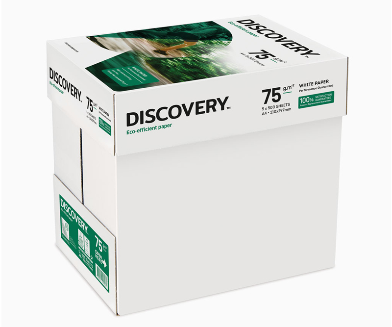 Discovery øko-effektiv papir 75 g. A4 med 4 huller hvid - 1 kasse med 5 pakker (2500 ark)