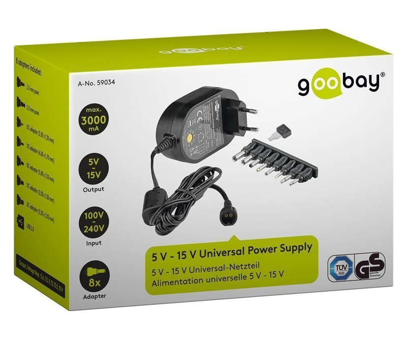 5 V - 15 V Universal Power Supply, 1.8 m - incl. 8 DC adapter - max. 36 W and 3 A