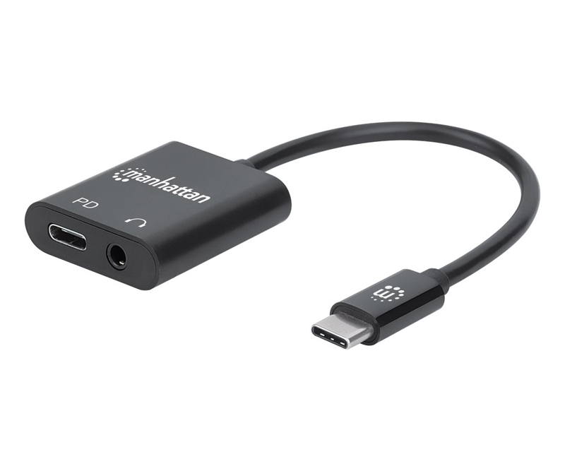 Manhattan USB-C til Jackstik (3,5 mm) og USB-C strømindgang - Sort