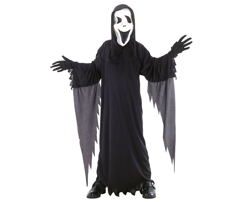 Udklædning - Sort spøgelse med hvid maske - 140 cm