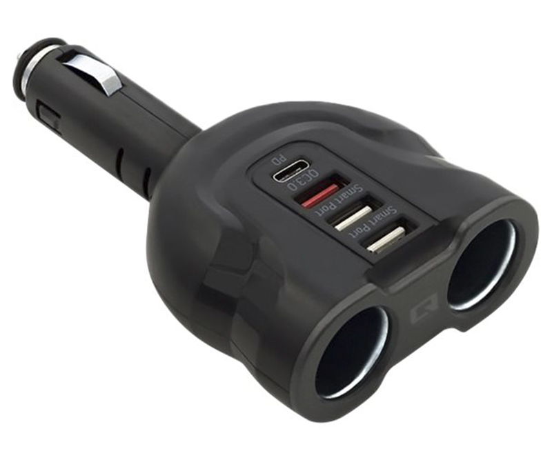Qoltec Car Charger 12-24V | 52W | 2.4A | 2 x USB | USB QC 3.0 | USB type C PD | 2 x Cigarette Lighter Splitter